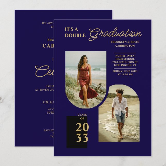 Invitation Modern Gold Blue Double Grad 2 Photo TMF26 (Devant / Derrière)