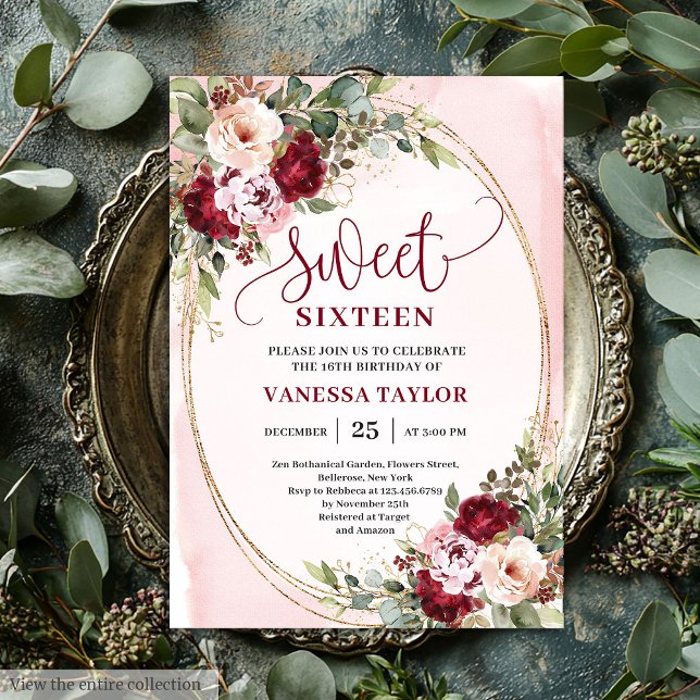 Invitation Modern Gold Burgundy Floral Sweet Sixteen Card (Modern Gold Burgundy Floral Sweet Sixteen Card)