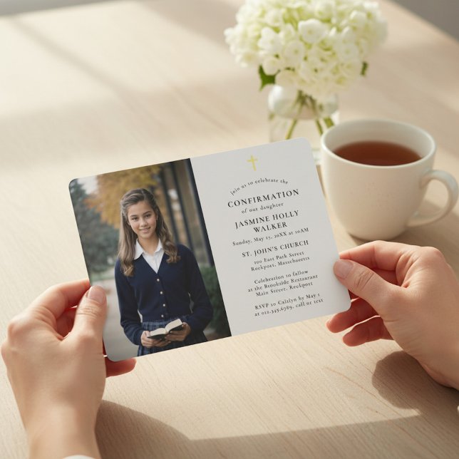 Invitation Modern Gold Cross Photo Confirmation Invite (Créateur téléchargé)