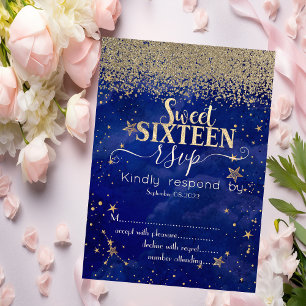 Invitation Modern Gold Diamonds Stars Blue Sweet 16 RSVP  