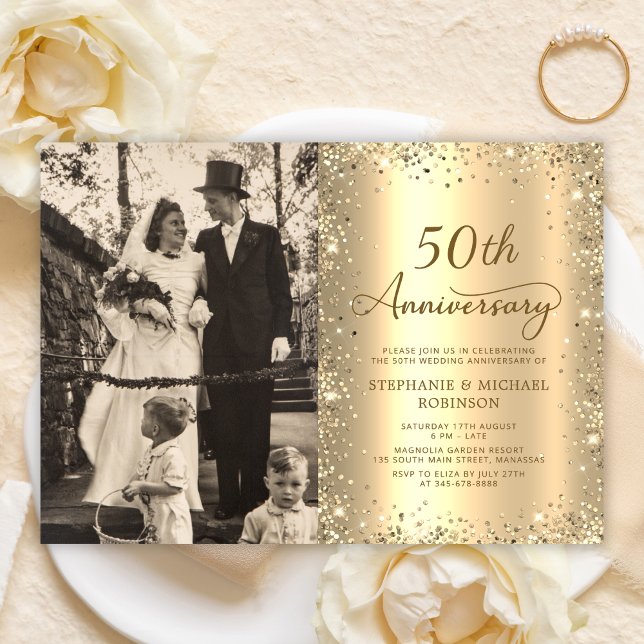 Invitation Modern Gold Glitter Photo 50th Wedding Anniversary (Créateur téléchargé)