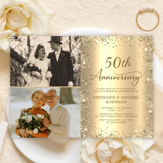 Invitation Modern Gold Glitter Photo 50th Wedding Anniversary (Créateur téléchargé)