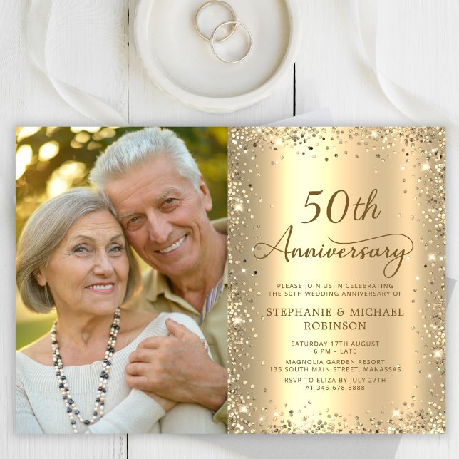 Invitation Modern Gold Glitter Photo 50th Wedding Anniversary (Créateur téléchargé)