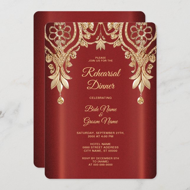 Invitation Modern Gold Red Floral Rehearsal Dinner (Devant / Derrière)