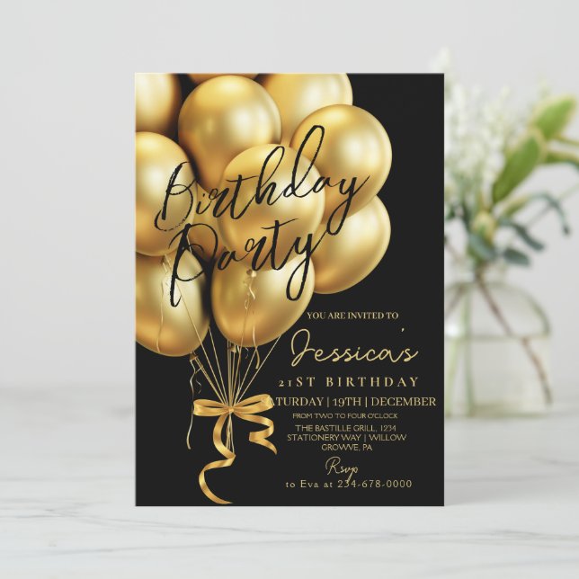 Invitation Modern Gold Script Black Birthday Party (Debout devant)