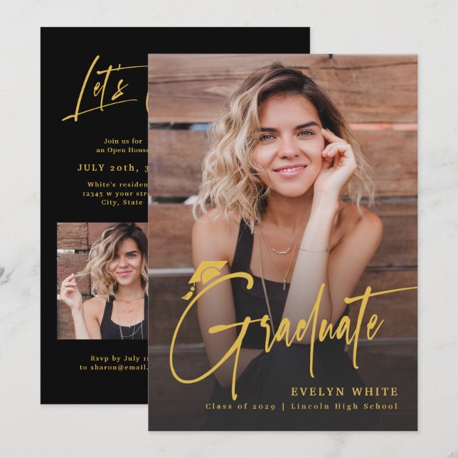 Invitation Modern Grad Cap Script 4 Photo Simple Graduation (Devant / Derrière)