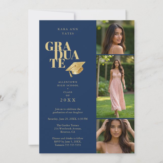 Invitation Modern Graduate Collage 3-Photos Navy Blue & Gold (Devant)