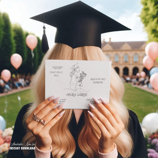Invitation Modern Graduation Black & white line art graduate  (Créateur téléchargé)