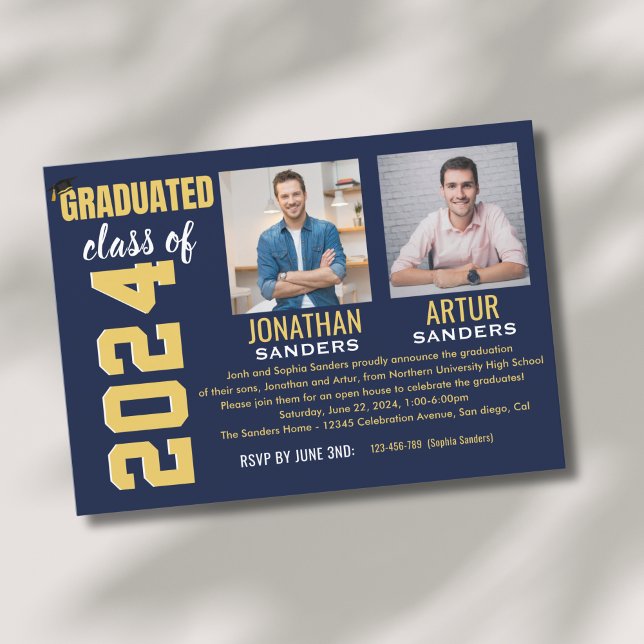 Invitation Modern Graduation Party with 2 Photos in Blue (Créateur téléchargé)