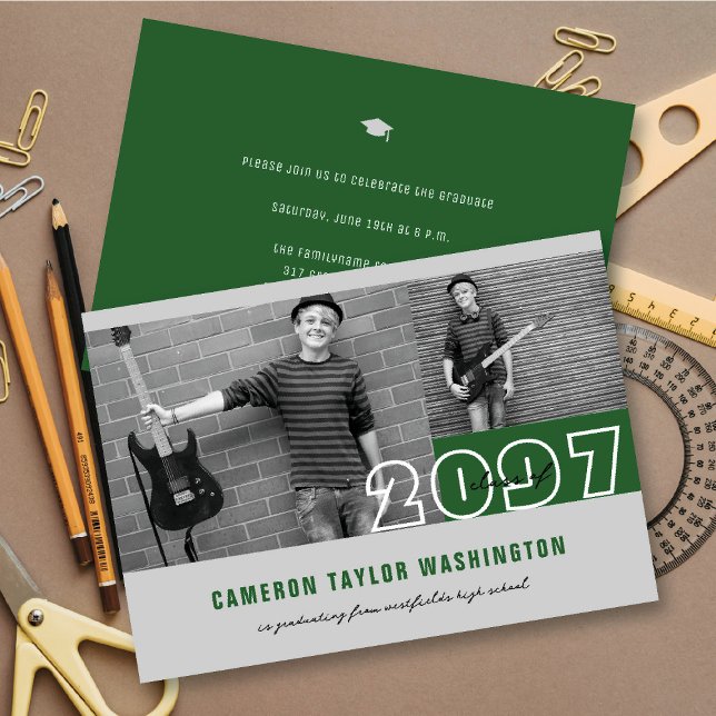 Invitation Modern Green 2 Bloc photo Simple Graduation Party (Modern Green 2 Photo Blocks Simple Graduation Announcement & Party Invitation @ fatfatin)