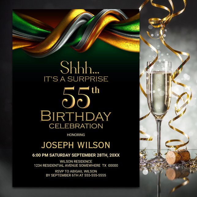 Invitation Modern Green and Gold Surprise 55th Birthday Party (Créateur téléchargé)