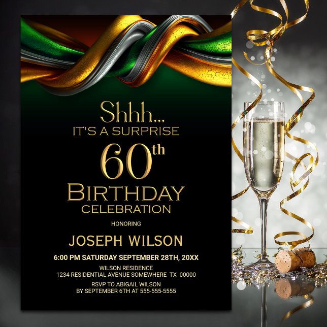 Invitation Modern Green and Gold Surprise 60th Birthday Party (Créateur téléchargé)