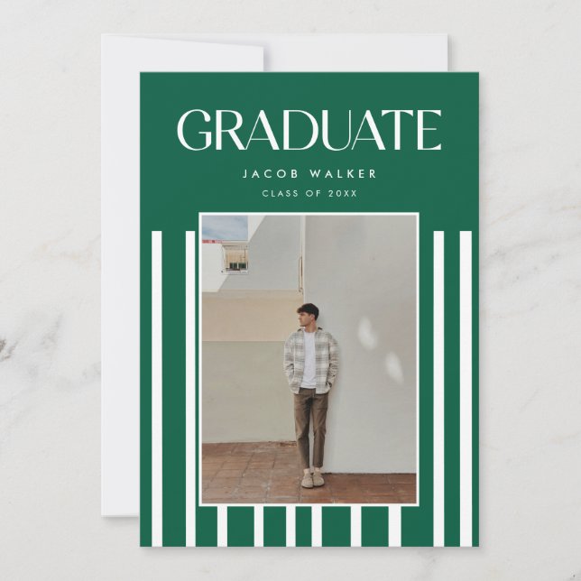 Invitation Modern Green Bold 2-Photo Striped Graduation Party (Devant)