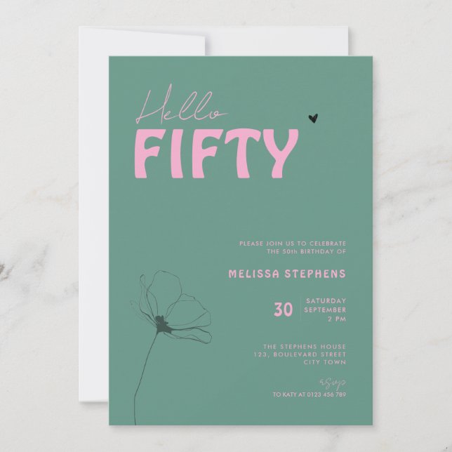 Invitation Modern Green Pink Hello Fifty Typo 50th Birthday (Devant)