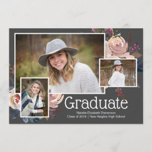 Invitation Modern Grey Trois Photo Floral Graduation Party