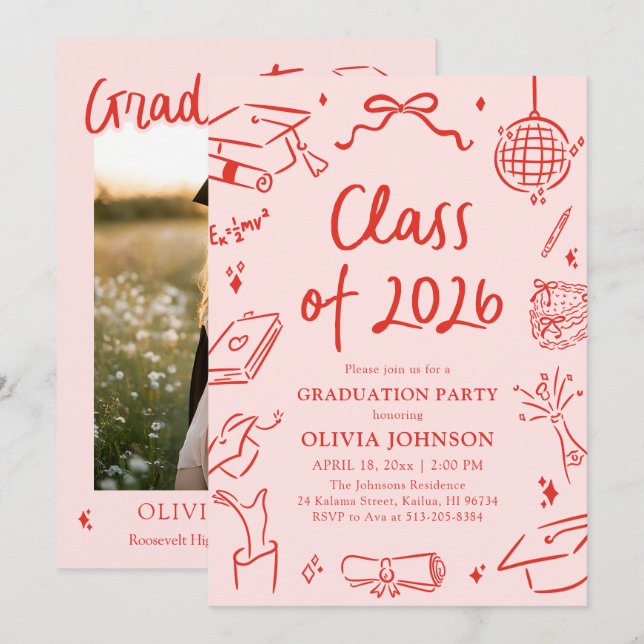 Invitation Modern Hand Drawn Class of 2026 Graduation Party (Devant / Derrière)