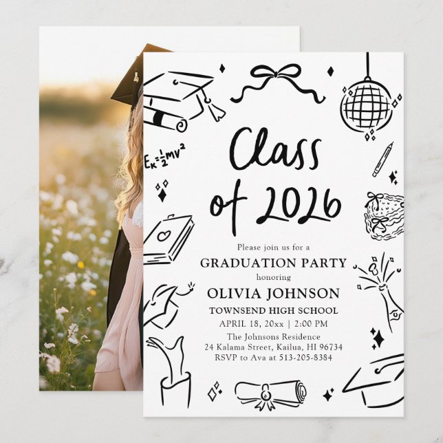 Invitation Modern Hand Drawn Class of 2026 Graduation Party (Devant / Derrière)