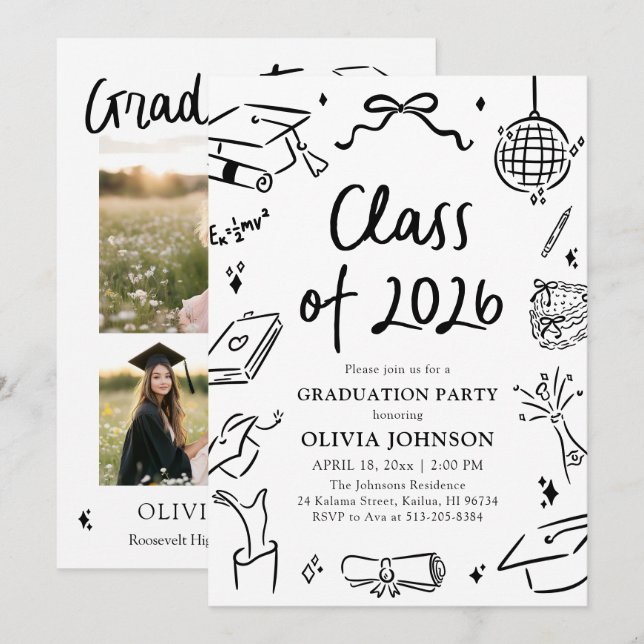 Invitation Modern Hand Drawn Class of 2026 Graduation Party (Devant / Derrière)