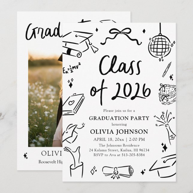 Invitation Modern Hand Drawn Class of 2026 Graduation Party (Devant / Derrière)