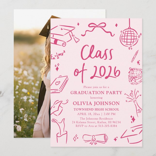 Invitation Modern Hand Drawn Class of 2026 Graduation Party (Devant / Derrière)