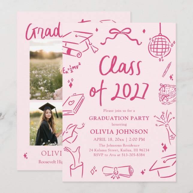 Invitation Modern Hand Drawn Class of 2027 Graduation Party (Devant / Derrière)