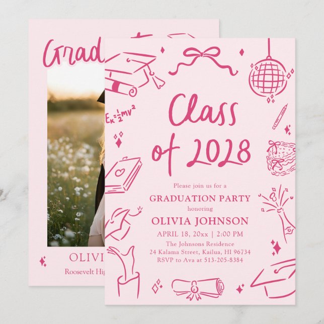 Invitation Modern Hand Drawn Class of 2028 Graduation Party (Devant / Derrière)