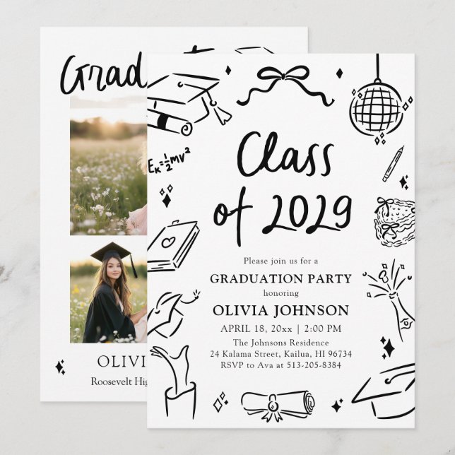 Invitation Modern Hand Drawn Class of 2029 Graduation Party (Devant / Derrière)