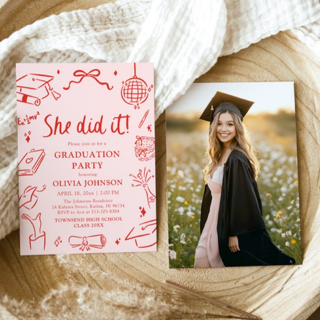 Invitation Modern Hand Drawn She did it Graduation Party (Modern Hand Drawn She did it Graduation Party Invitation)