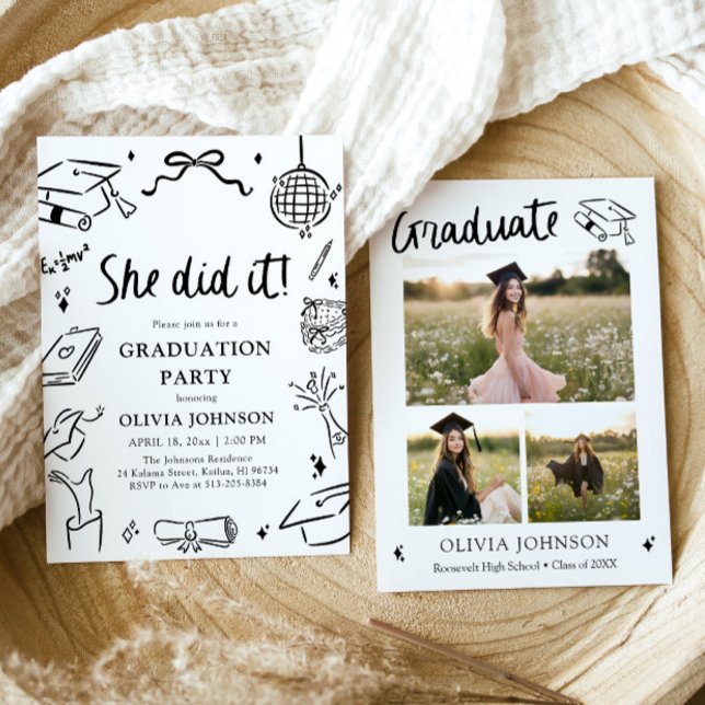 Invitation Modern Hand Drawn She did it Graduation Party (Modern Hand Drawn She did it Graduation Party Invitation)
