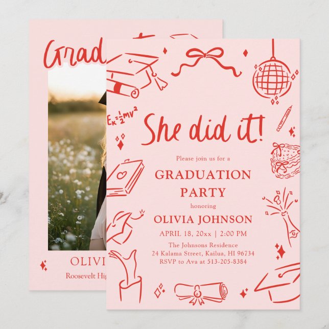 Invitation Modern Hand Drawn She did it Graduation Party (Devant / Derrière)