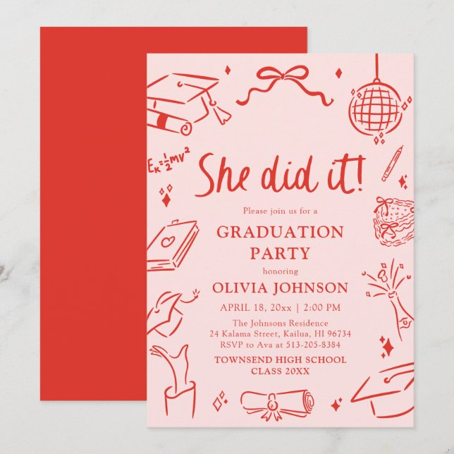 Invitation Modern Hand Drawn She did it Graduation Party (Devant / Derrière)