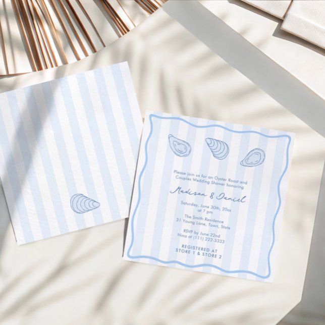 Invitation Modern Handwritten Oyster Roast Coed Bridal Shower (Trendy hand-drawn oyster roast couples wedding shower invitation with modern stripes and wavy border)