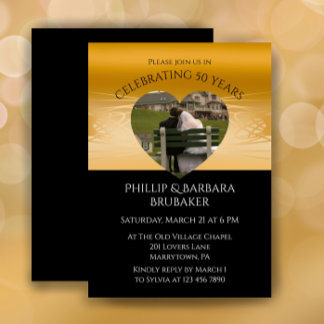 Invitation Modern Heart Photo Golden 50th Wedding Anniversary
