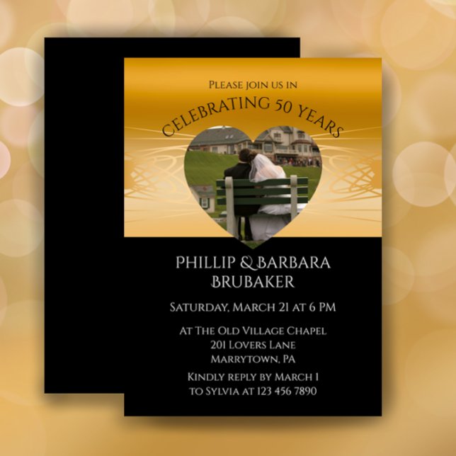 Invitation Modern Heart Photo Golden 50th Wedding Anniversary (Customize this elegant 50th wedding anniversary party invitation with photo heart gold and black.
)