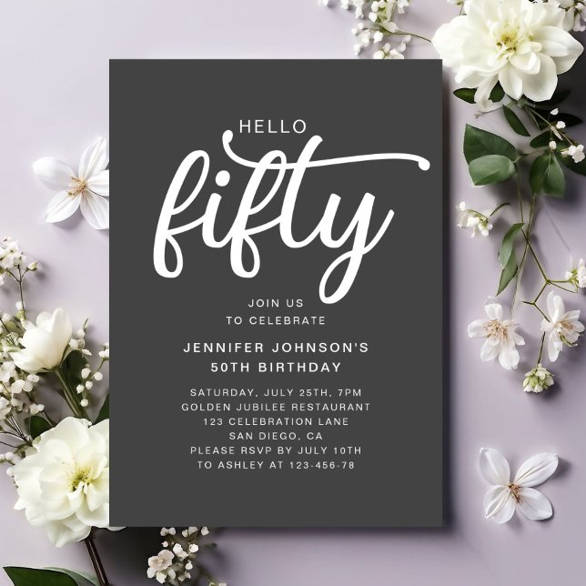 Invitation Modern Hello Fifty 50e Anniversaire  (Modern Hello Fifty 50th Birthday Invitation)