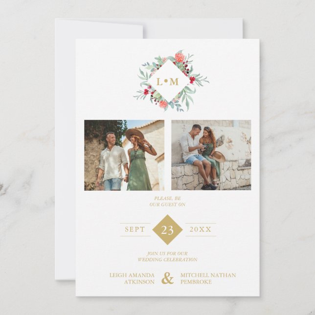 Invitation Modern Initials Floral Anagram 2 Photos Collage (Devant)