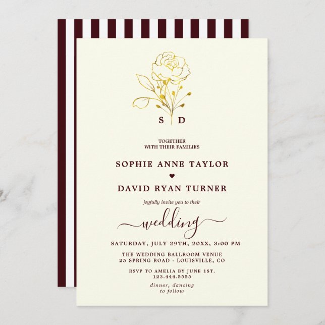 Invitation Modern Ivory Deep Burgundy Monogram Wedding (Devant / Derrière)