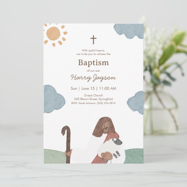 Invitation Modern Jesus And Lamb Baptism  (Debout devant)