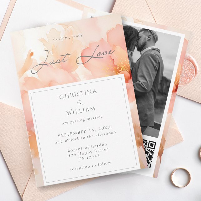 Invitation Modern Just Love Peach Floral Mariage QR Code (Créateur téléchargé)