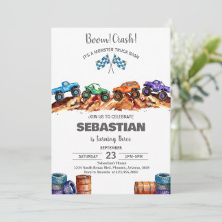 Invitation Modern Kids Monster Trucks Birthday Party