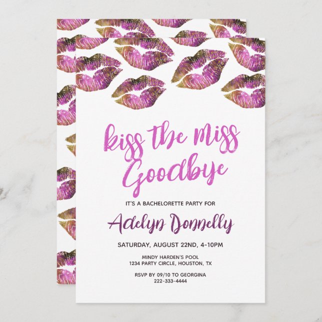 Invitation Modern Kiss The Miss Goodbye Bachelorette (Devant / Derrière)