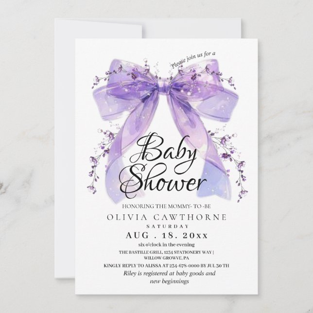 Invitation Modern Lavender Bow and Flowers Baby Shower (Devant)