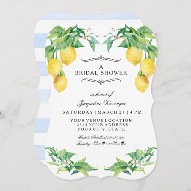 Invitation Modern Lemon Floral Elegant Blue Bridal Shower (Devant / Derrière)