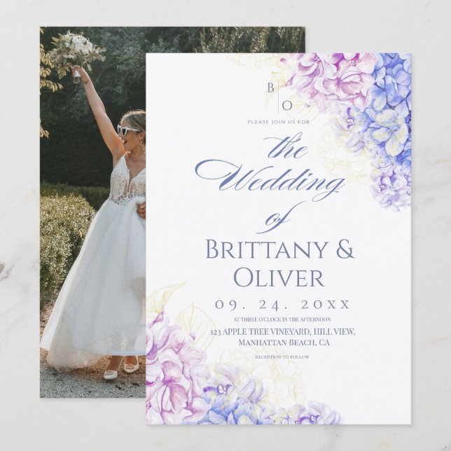 Invitation  Modern Lilac & Blue Spring  Floral Wedding (Devant / Derrière)