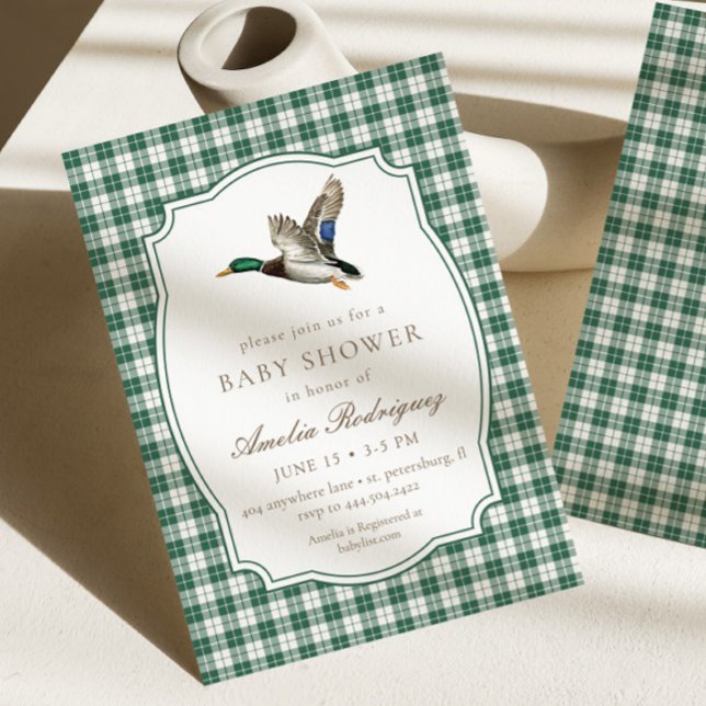 Invitation Modern Mallard Duck Neutral Gingham Baby Shower (Créateur téléchargé)