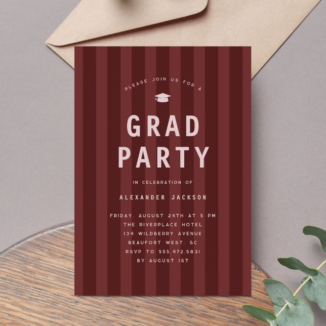 Invitation Modern Maroon Sporty Stripes Graduation Party (Créateur téléchargé)