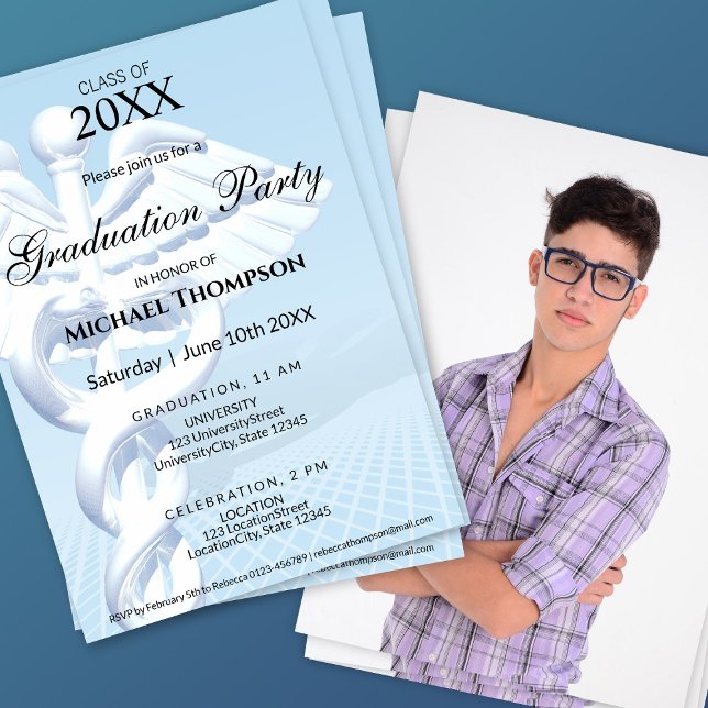 Invitation Modern Medical Caduceus Graduation | Photo (Créateur téléchargé)