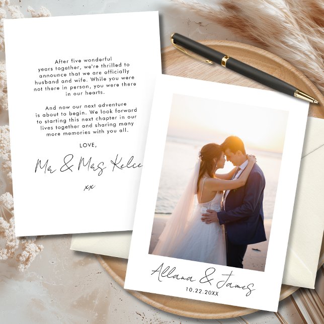 Invitation Modern Minimal Just Married Photo Announcement (Elegant wedding announcement card set featuring a couple kissing at sunset.)