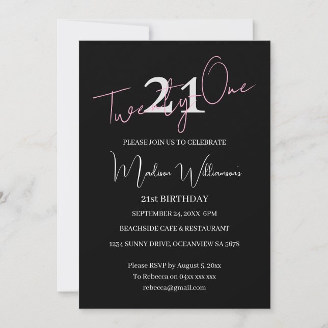 Invitation Modern Minimalist 21st Black Pink Birthday  (Devant)
