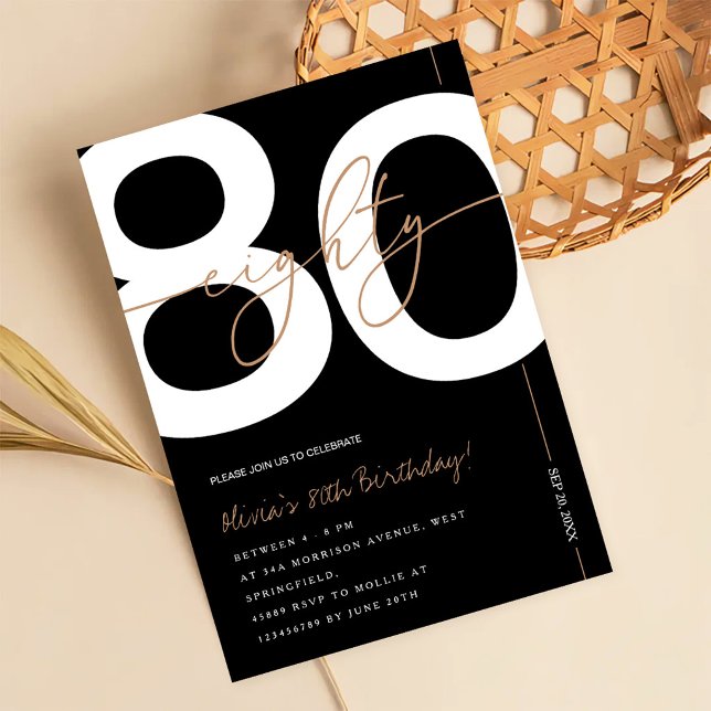 Invitation Modern Minimalist Black & Gold 80th Birthday Party (Créateur téléchargé)